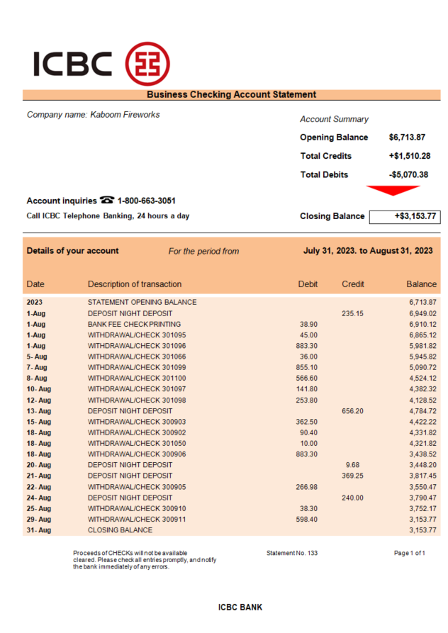 Modèle Word et PDF de relevé de compte courant d'entreprise de la banque ICBC